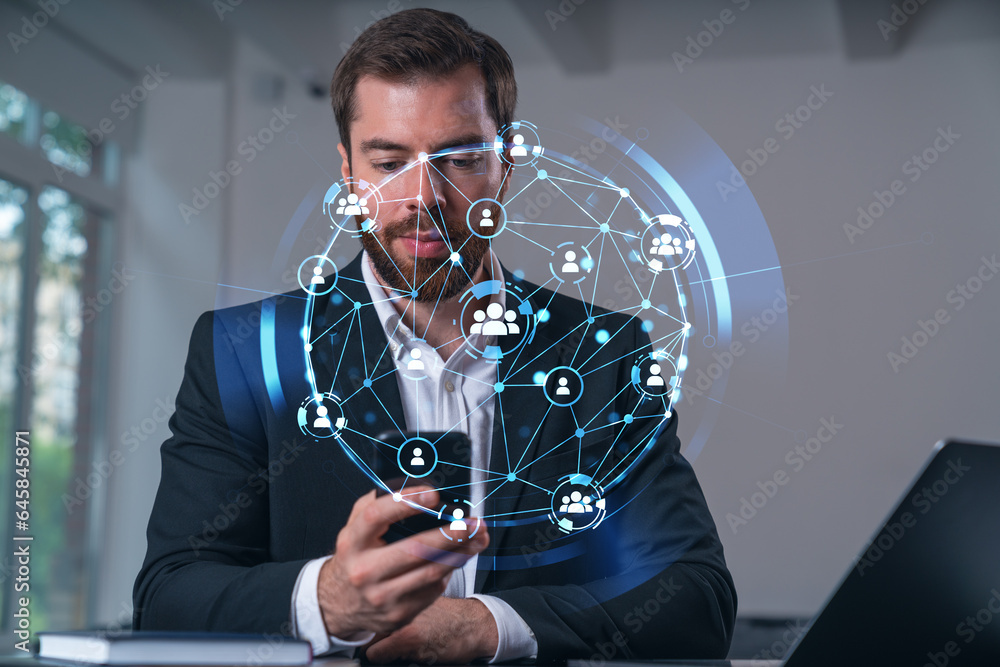 Poster smiling businessman talking holding using smartphone typing at office workplace with notebook. conce