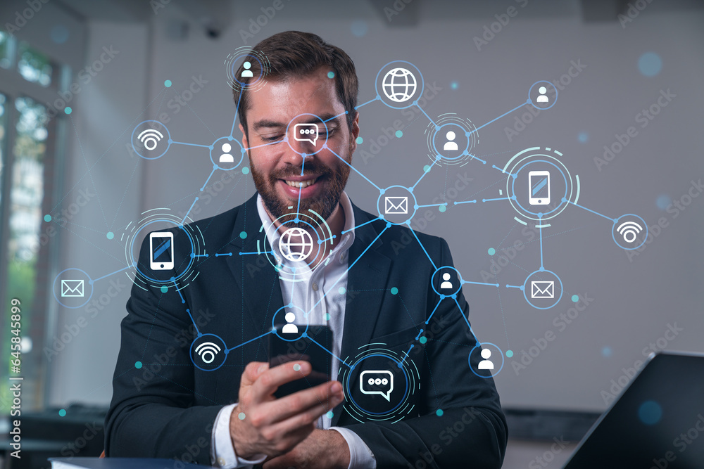 Poster smiling businessman talking holding using smartphone typing at office workplace with notebook. conce