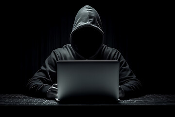 Anonymous hacker typing on laptop computer. Security hacking and cyber crime concept, dark black.