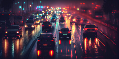 a lot of cars on the urban highway of the night city during the rain. Generative AI