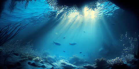Underwater seascape - rays of light, fish and coral reef. Generative AI - obrazy, fototapety, plakaty