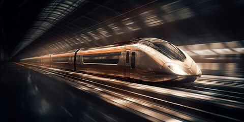 An image of a fast moving modern train in a subway tunnel. Generative AI - obrazy, fototapety, plakaty