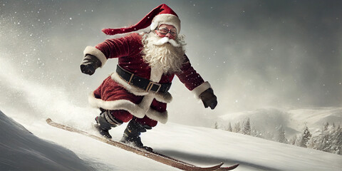 Santa Claus quickly races on skis on a mountain slope, close-up. Generative AI