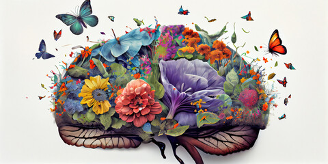 Conceptual image of a flowering human brain, on an isolated background. Generative AI