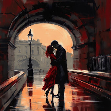 A painted image of a couple in love in evening dresses, which stands and gently hugs against the backdrop of the ancient architecture of the city of Prague. Generative AI