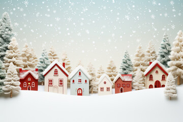 Christmas illustration. Houses and snowy trees in the winter.