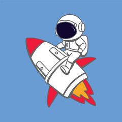 Cute Astronaut Riding a Rocket and Cartoon Icon Vector Illustration. Flat Cartoon Style