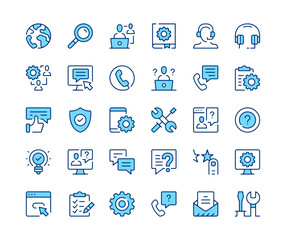 Technical support icons set. Vector line icons. Blue color outline stroke symbols. Modern concepts
