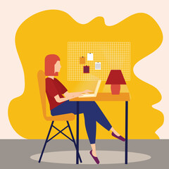 Girl with laptop on the chair. Freelance or studying concept. Cute illustration in flat style.
