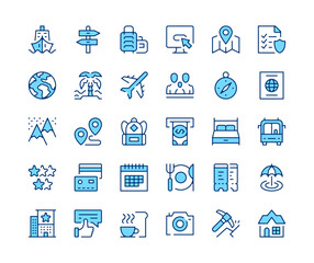 Travel icons set. Vector line icons. Blue color outline stroke symbols. Modern concepts