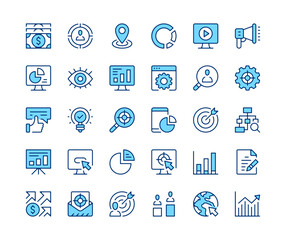 Digital marketing icons set. Vector line icons. Blue color outline stroke symbols. Modern concepts
