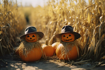 Pumpkins with hats and straw, dried corn plantation in the background