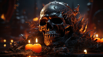 Obraz premium skeleton, halloween, santa muerte, skull, cemetery, witch, witch woman, terror, graves