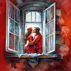 A painted romantic image of a kissing couple in love standing near an open window. Generative AI