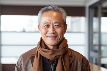 Portrait photography of a Vietnamese man in his 50s wearing a foulard against a white background