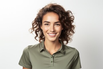 Group portrait photography of a Italian woman in her 20s wearing a sporty polo shirt against a white background