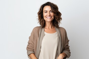 Portrait photography of a Italian woman in her 40s against a white background