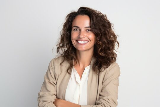 Portrait photography of a cheerful Italian woman in her 30s against a white background