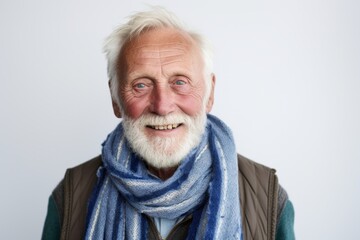 Medium shot portrait photography of a Swedish man in his 90s wearing a charming scarf against a white background