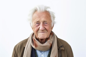 Medium shot portrait photography of a Swedish man in his 90s wearing a charming scarf against a white background