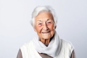 Portrait photography of a 100-year-old elderly Swedish woman against a white background - obrazy, fototapety, plakaty