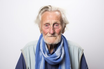 Medium shot portrait photography of a 100-year-old elderly Swedish man wearing a foulard against a white background