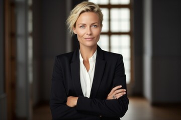 Portrait photography of a Swedish woman in her 40s wearing a sleek suit against a minimalist or empty room background