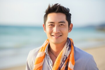 Portrait photography of a Vietnamese man in his 30s wearing a foulard against a beach background