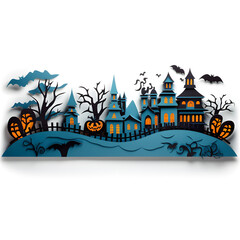 Fototapeta na wymiar Halloween night on cut out paper, pumpkins, bats and a spooky castle, orange, black and violet.