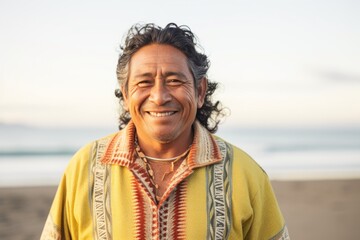 Portrait photography of a Peruvian man in his 50s against a beach background