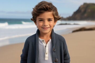Portrait photography of a Colombian child male against a beach background