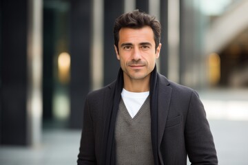 Fototapeta premium Portrait photography of a serious Peruvian man in his 30s against a modern architectural background