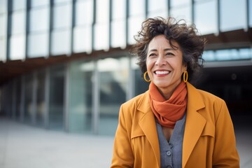 Fototapeta premium Portrait photography of a Peruvian woman in her 50s against a modern architectural background
