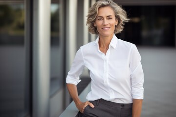 Portrait photography of a French woman in her 50s wearing a smart pair of trousers against a modern architectural background