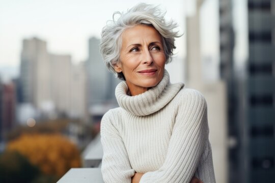 Medium shot portrait photography of a French woman in her 50s wearing a cozy sweater against a modern architectural background