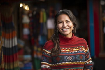 Portrait photography of a Peruvian woman in her 30s wearing a cozy sweater against an abstract background