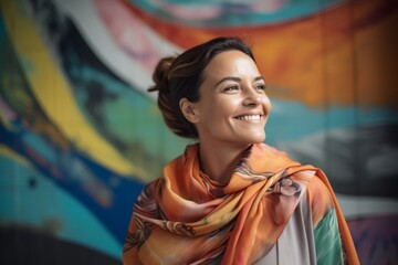 Medium shot portrait photography of a Colombian woman in her 40s wearing a foulard against an abstract background