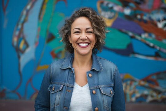 Portrait photography of a Colombian woman in her 50s wearing a denim jacket against an abstract background