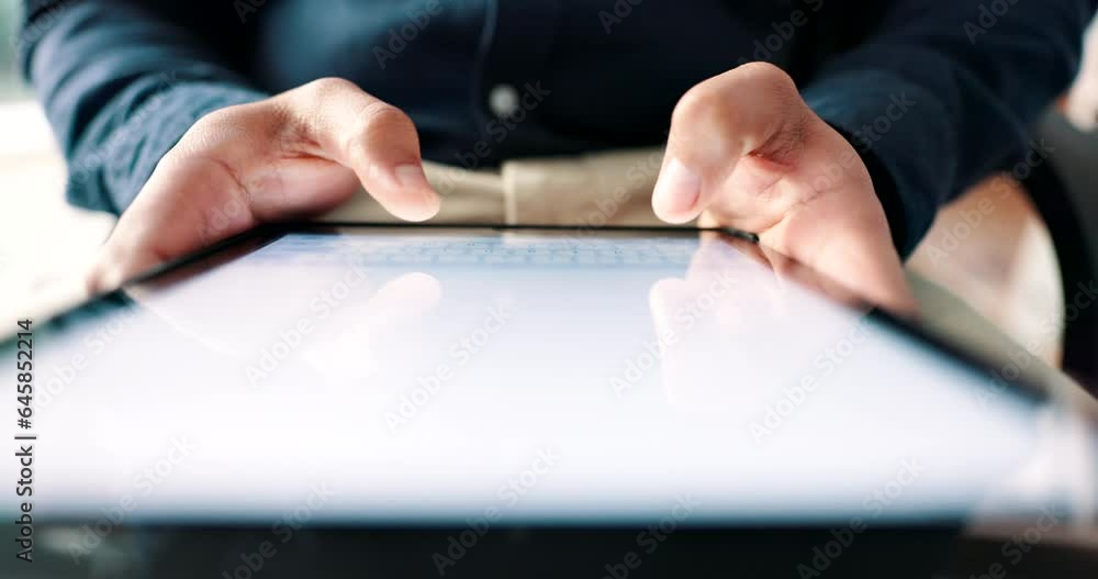 Poster hands, tablet screen and typing online for mockup communication, networking and search on a website.