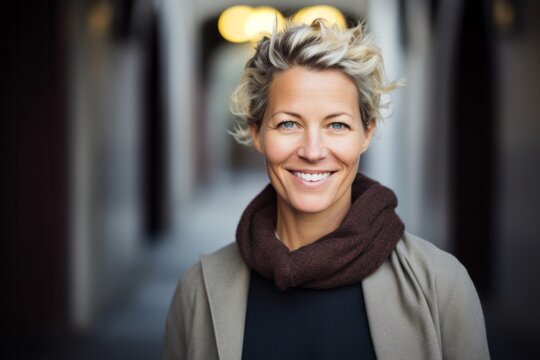 Portrait photography of a Swedish woman in her 40s against an abstract background