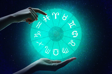 Astrology. Woman with zodiac wheel against starry night sky, closeup
