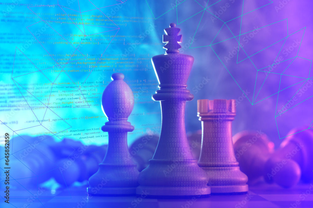 Poster chess pieces with binary code among fallen ones on table in neon lights