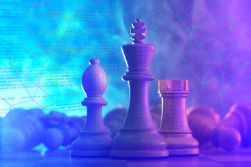 Chess pieces with binary code among fallen ones on table in neon lights