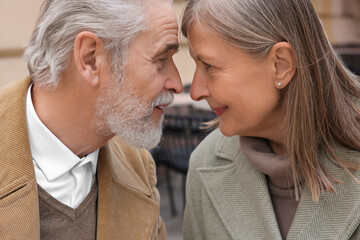 Portrait of stylish affectionate senior couple outdoors