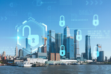 Fototapeta na wymiar New York City skyline from New Jersey over the Hudson River towards the Hudson Yards at day. Manhattan, Midtown. The concept of cyber security to protect confidential information, padlock hologram