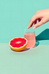 Modern still life with fresh juice and ripe  grapefruit on podium with girl hand. Fruit concept.