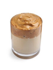 Glass of delicious dalgona coffee isolated on white