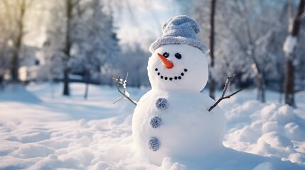 Winter snow symbol of Christmas in the yard. Children's New Year's idyll and fun for the whole family. A snowman made of white soft snow. Landscape illustration. 