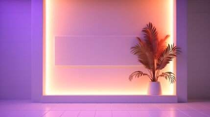 Neon niche in the wall with a decorative plant for your announcement or mockup. AI Generation 