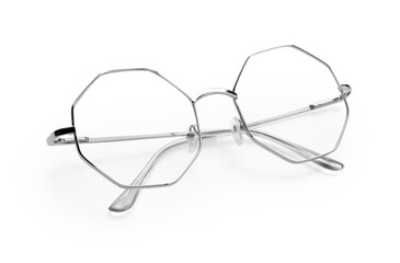 Stylish glasses with metal frame isolated on white